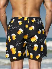 Surfspeed Men's Beer Print Drawstring Waist Beach Shorts,Black Summer Casual Beach Holiday Vacation Holiday Hawaiian Beachwear Cute Style Outdoor Beach Wear - Black - View 2