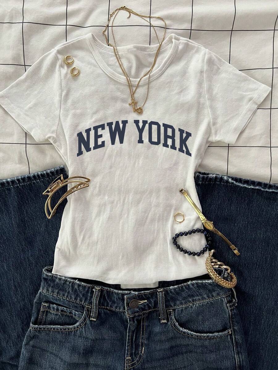 New York Letter Graphic Casual Short Sleeve Round Neck White T-Shirt, Summer - White - View 1