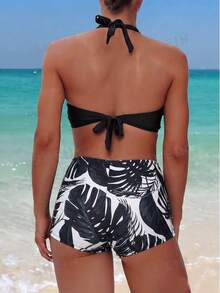 Swim Lushoire Bãi biển mùa hè dành cho nữ Dây buộc dây xếp li cổ và quần short ngắn in họa tiết thực vật nhiệt đới cho nữ Bộ Bikini gợi cảm - Đen và trắng - Xem 2