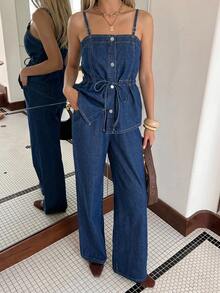 DAZY Bộ đồ nữ thường ngày gồm áo sơ mi có túi lưng và quần jeans ống rộng, chất liệu wash nhẹ, thích hợp cho mùa xuân/hè. - Rửa tối - Xem 5