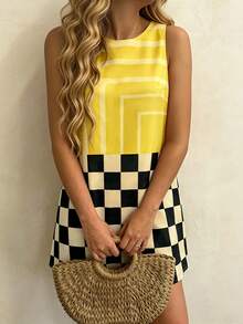 Vaclyn Vestido mini sin mangas con estampado de bloques de color para vacaciones de verano de mujer - Multicolor - Ver 5