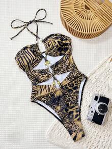 Swim SXY Bộ bikini một mảnh Swim Vcay-D màu nâu in họa tiết da báo và ngựa vằn ngẫu nhiên, dây rút chéo, khoét lỗ, gợi cảm dành cho nữ. - Nhiều màu - Xem 4