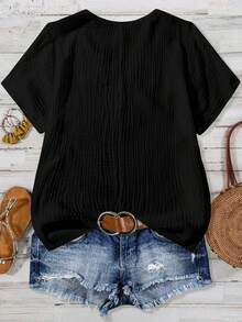 SHEIN LUNE CURVE Plus Size Colorblock Short Sleeve Textured Fabric Summer Notch Collar Shirt - Black and White - View 2