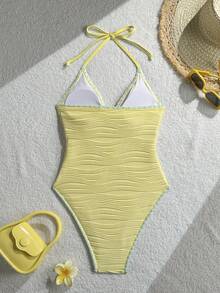 Swim Mod 女士 26SS 春夏新款黄色波浪纹面料 V 领露背吊带撞色花卉饰边连体泳衣 - 黃色 - 查看 2