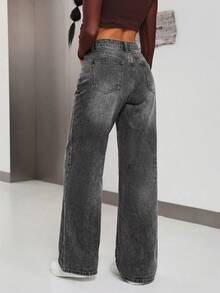 Jeanoix Quần jeans ống rộng dáng casual dành cho nữ, đã qua xử lý giặt. - Xám - Xem 2