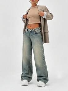 SHEIN HIGH WAIST WIDELEG CUT VINTAGE Casual Formal WASH Y2K STYLE Beige BAGGY JEANS BUTTON CLOSURE Back-To-School Graduation Summer - Medium Wash - View 6