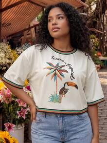 CAJUNI Blusa corta de verano de talla grande con cuello redondo, hombros caídos y mangas cortas a rayas - Blanco - Ver 2