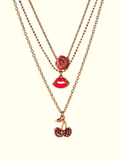 Popjeli Cross-Border New Roses, Pink Lips, Diamond-Encrusted Cherries, Cute Pendants, Multi-Layer Detailed Necklaces, Simple And Generous, Exquisite And Lovely, Various Parties, Concerts And Festivals,Y2K/Cute/Colorful/Chic,DIY,PINK,Summer/Beach/Prom/Part/Vacation/Travel,For Mom/Women/Girl/Mother,Heart,Floral