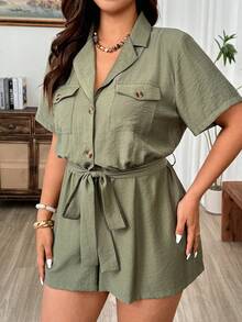 Weeklong Plus Size Women Summer Short Sleeve Lapel Button Jumpsuit,Olive Green Smart Casual Everyday Rompers  Pockets,Sommar Loose Waist Tie Safari Outfit Set - Green - View 5