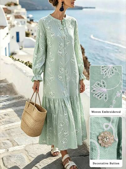 Mulvari Robe longue à manches longues texturée plissée verte rétro française pour femmes