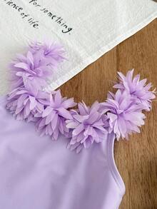SHEIN 少女度假蝴蝶印花3D花卉装饰时尚连体泳衣 - 紫色 - 查看 3