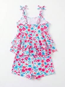 SHEIN Young Girls Flower Print Spaghetti Strap Tied-Front Top And Bottom Swimwear 2 Pieces Set - Multicolor - View 2