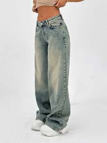 SHEIN HIGH WAIST WIDELEG CUT VINTAGE Casual Formal WASH Y2K STYLE Beige BAGGY JEANS BUTTON CLOSURE Back-To-School Graduation Summer - Medium Wash - View 4