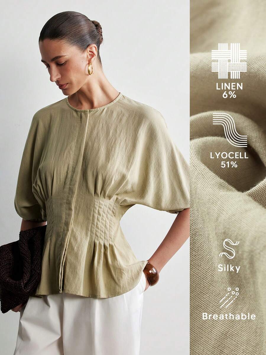 Aalyst Áo kiểu nữ mùa xuân/hè thanh lịch, sang trọng, tối giản, phong cách bohemian, thoải mái, màu trơn, chất liệu vải Tencel linen, cổ tròn, cài khuy ẩn, eo nhún, gấu áo xếp ly, tay áo cánh dơi, cổ tay bo chun.