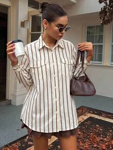 DAZY Áo sơ mi 2 trong 1 kẻ sọc dáng rộng thoải mái dành cho nữ - Màu Khaki - Xem 6