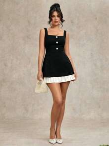 Vestido romántico y dulce de color negro y blanco para citas, con dobladillo con volantes, prenda para capas en primavera, verano y otoño - Negro - Ver 5