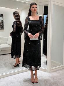 Modelyn French Square Collar Lace Rhinestone Embellished Fitted Long Sleeve Elegant Mid-Length Dress For Women - Black - View 3