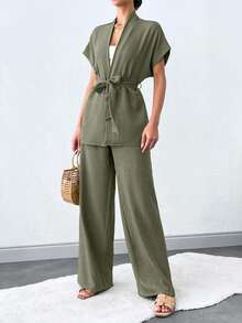 SHEIN Tall Bộ đồ hai mảnh dành cho nữ cao có thắt lưng - Màu Khaki - Xem 6