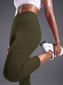 Powerista Solid Color High Waist Seamless Leggings - Army Green - View 4