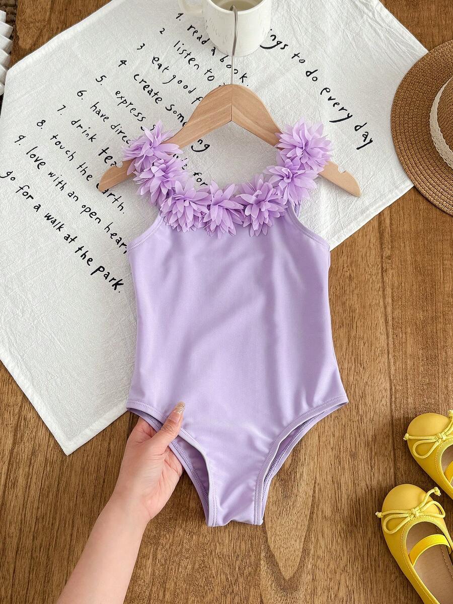 SHEIN 少女度假蝴蝶印花3D花卉装饰时尚连体泳衣 - 紫色 - 查看 1
