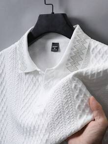 Manfinity Homme Men's Knitted Jacquard Solid Color Textured Collar & Cuff Ribbed 2-Button Polo Shirt - White - View 3
