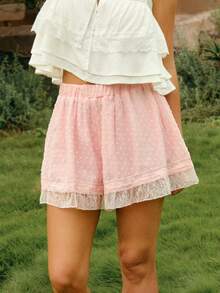 WESTFADE Quần short dáng chữ A bằng vải chiffon chấm bi và ren, thích hợp cho mùa xuân, hè, phong cách thường ngày, dễ thương, boho, đi nghỉ mát, đi biển, phong cách cao bồi, lễ hội rodeo, trang phục đi xem hòa nhạc đồng quê, Nashville, trang phục miền Tây. - Hồng - Xem 1