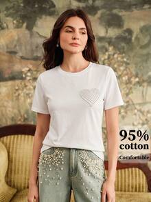 Anewsta Women's Elegant Casual Glamorous Rhinestone T-Shirt For Daily Commute - White - View 5