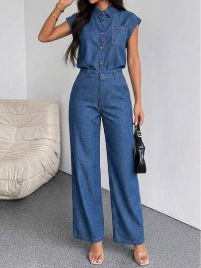 CONJUNTO DE DENIM CÓMODO PARA MUJER SET DE CAMISA SIN MANGAS Y PANTALÓN ANCHO ESTILO CASUAL Y ELEGANTE EN UN SOLO CONJUNTO DENIM SUAVE Y LIGERO PARA USO DIARIO PANTALÓN ANCHO + CAMISA SIN MANGAS, COMBINACIÓN PERFECTA TEJIDO DE DENIM TRANSPIRABLE, IDEAL PARA TODO EL DÍA CORTE QUE RESALTA TU FIGURA, FÁCIL DE COMBINAR ESTILO VERSÁTIL, DE DÍA A NOCHE SIN ESFUERZO CONJUNTO COMPLETO, LISTO PARA USAR Y LUCIR BIEN COLOR AZUL CLÁSICO,