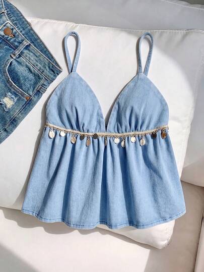 Comfortcana Áo hai dây denim đơn sắc tối giản dành cho nữ