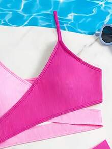 SHEIN Teen Girls Bikini Sets,Crossover Front Splicing Knitted Tankini Swimwear,Fashionable Elegant Solid Color Bathing Suit For Summer,Beach,Holiday Party - Hot Pink - View 4