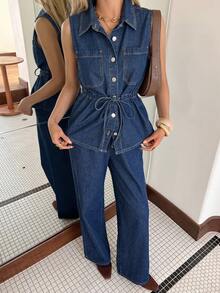 DAZY Bộ đồ nữ thường ngày gồm áo sơ mi có túi lưng và quần jeans ống rộng, thích hợp cho mùa xuân/hè. - Màu xanh lam - Xem 7