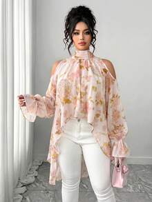 Elenzga Plus Size Women Elegant Woven Long Sleeve Embroidered & Digital Print Semi-Sheer Loose Blouse - Apricot - View 6