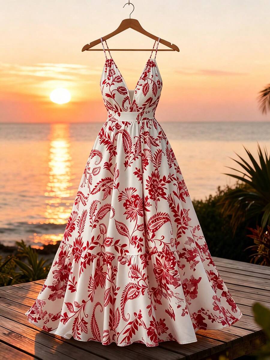 SHEIN Clasi 大码女装新款性感浪漫红白碎花深V领蝴蝶结系带长裙,夏季度假及海滩热销款 - 白色 - 查看 1