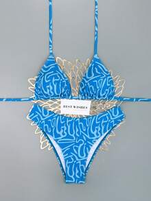 Swim Mod 2026春夏蓝色条纹性感挂脖系带两件式泳衣，度假分体式比基尼 - 彩色 - 查看 2