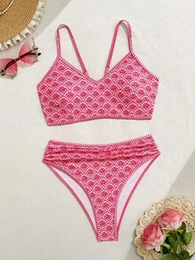 Swim SPRTY 女士夏季沙滩套装（2件套），随机彩色印花吊带背心和高腰比基尼泳裤，女士夏季沙滩泳装，女士泳衣，粉色碎花V领挂脖比基尼泳装套装 - 粉色 - 查看 6