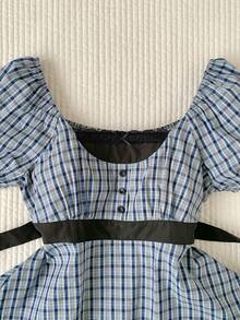 Comfortcana Áo kiểu nữ tay raglan kẻ caro cài nút - Màu xanh hải quân - Xem 6