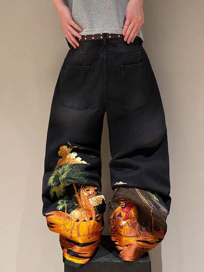 STEELVANCE Vintage Washed Distressed Rivet & Cat Whisker Embroidery Design Loose Straight Leg Casual Jeans