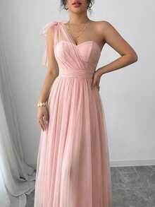 SHEIN Elenzya Đầm chữ A không tay, chất liệu lưới, cổ yếm, thắt nơ ở eo, kiểu dáng thanh lịch và lãng mạn, phù hợp cho đám cưới, tiệc tùng và các buổi họp mặt. - Màu Hồng  San hô - Xem 6