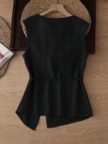 SHEIN LUNE CURVE Áo không tay dáng ôm eo, chất liệu giả lanh nhẹ, màu kaki, cỡ lớn, có thắt lưng, kiểu dáng thon gọn, thích hợp cho mùa hè. - màu đen - Xem 2