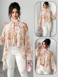 Elenzga Plus Size Women Elegant Woven Long Sleeve Embroidered & Digital Print Semi-Sheer Loose Blouse - Apricot - View 1