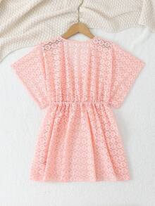 SHEIN Tween Girls' Swimsuit Cover-Up,Pink,Summer,Tropical,Beach,Vacation,Holiday Dress-Style Hollow Textured Waist-Cinching Ruffle Solid Swimwear Coverup - Pink - View 2