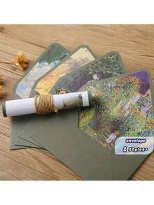 16 Green Set Of Oil Painting Envelopes Containing 6 Envelopes And 10 Pieces Of Writing Stationery For Making Invitations And Greeting Cards Gift Greeting Cards Writing Letters New Year's Gifts - Green - View 7