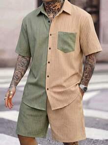 Conjunto de playa para hombre con camisa de manga corta de unicolor y abotonadura sencilla y pantalones cortos con cintura de cordón, para vacaciones - Verde - Ver 2