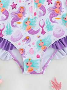 Traje de baño de manga larga con estampado de sirena para niñas bebé - Morado - Ver 5