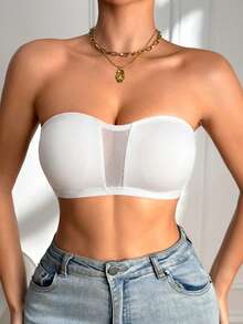 SHEIN White One-Shoulder Bandeau Bra, Strapless Lingerie, Mesh Patchwork Women's Bra - White - View 5