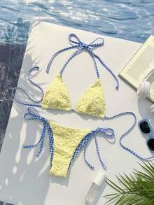 Swim Mod 女士26SS春夏新款向日葵刺绣面料撞色蓝色格子系带V领露背三角比基尼上下装两件套泳衣，甜美海滩假日 - 黃色 - 查看 3