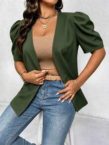 Elenzga Blazer Lengan Pendek Minimalis Kasual Warna Polos Ukuran Besar untuk Wanita, Musim Semi/Panas - Hijau Tentara - View 5