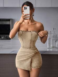 SHEIN PETITE Bộ áo liền quần denim cổ yếm khóa kéo sau lưng, kiểu dáng thường ngày, thoải mái cho nữ mùa hè và kỳ nghỉ. - Màu Khaki - Xem 3