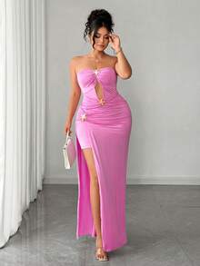 Elenzga Plus Size Solid Color Fashionable Hollow Out Fitted Tube Dress, Pink, Summer - Pink - View 5