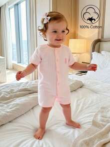 SHEIN Baby Girls' Romper,Soft 100% Cotton Short Sleeve Sportswear For Toddler,Pink Rabbit Print,Easter,0-1 Year,Baby Pink,Summer,Cute,Family Matching - Pink - View 6